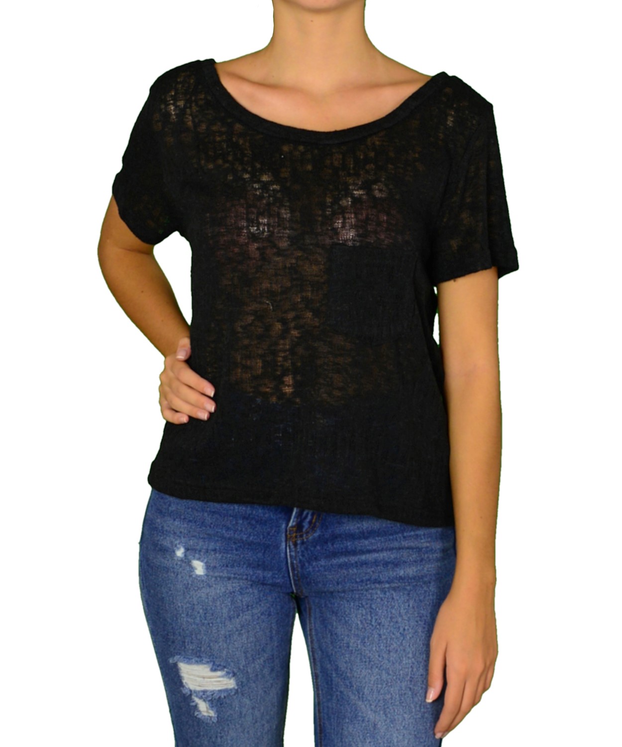 Γυναικεία πλεκτή κοντομάνικη μπλούζα Coocu μαύρη 31245R
